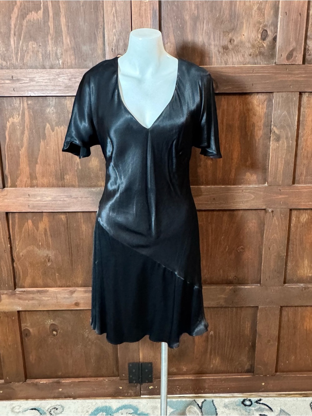 Anthropologie Black Satin V-Neck Mini Dress